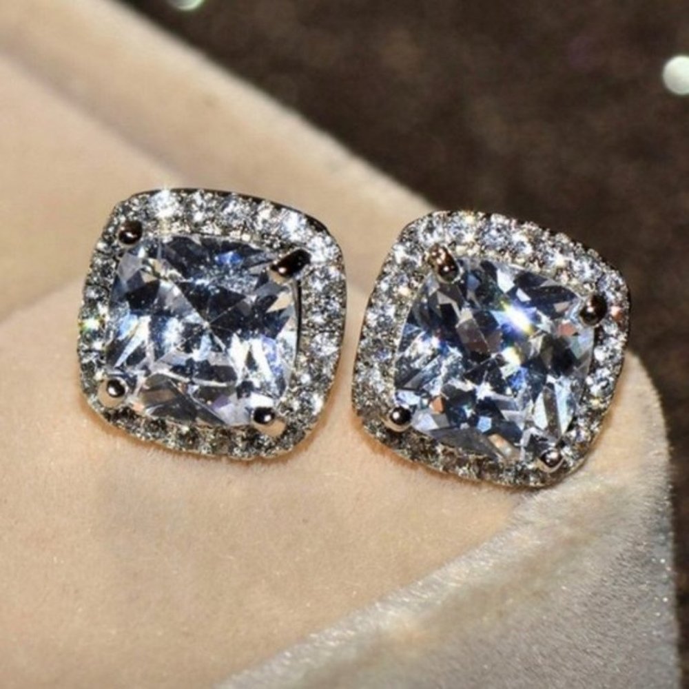 Silver Diamond Halo Cushion Stud Earrings, NEW - Picture 2 of 10